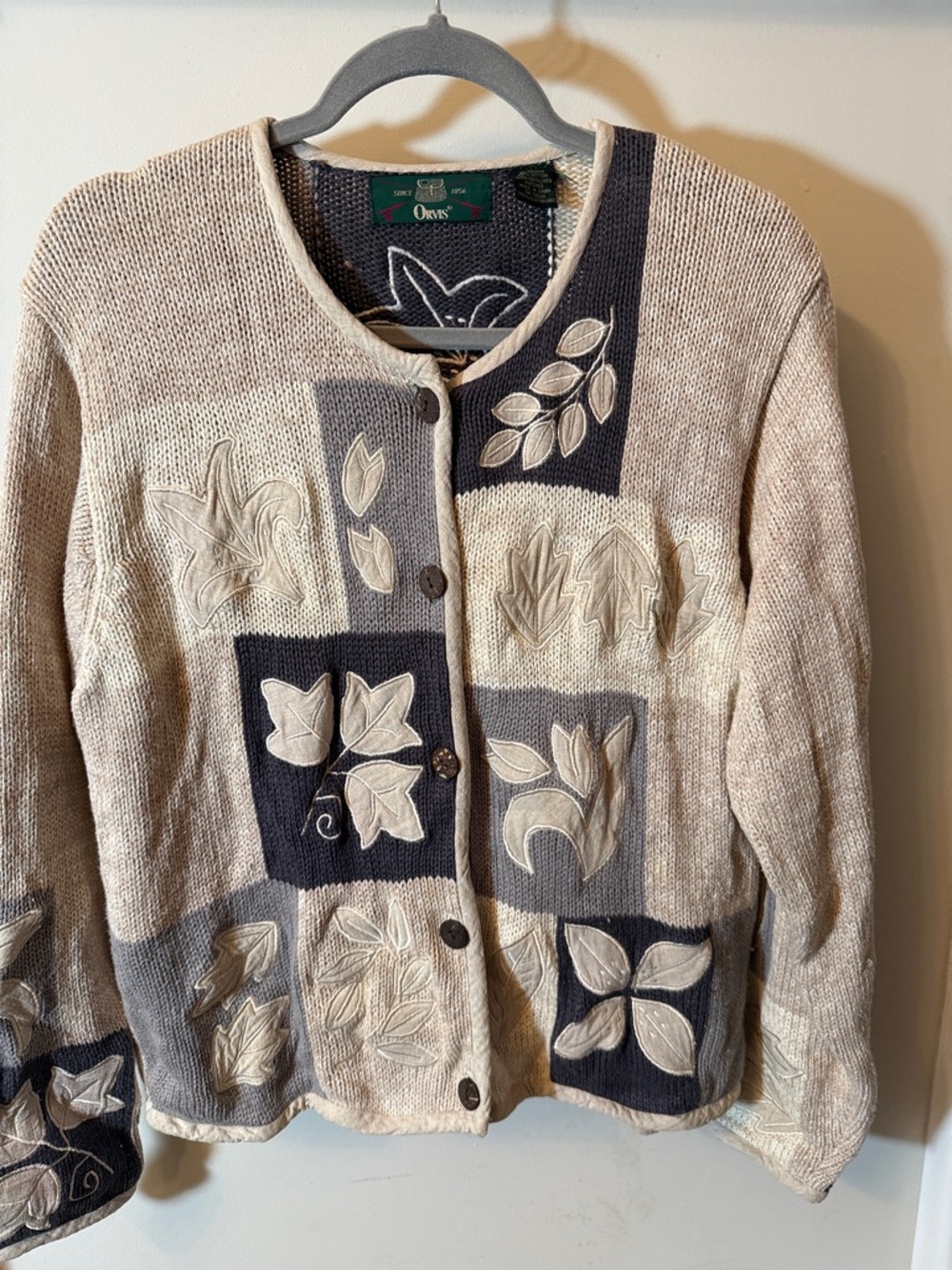 Orvis Beige and Gray Leaf-Appliqué Cardigan
